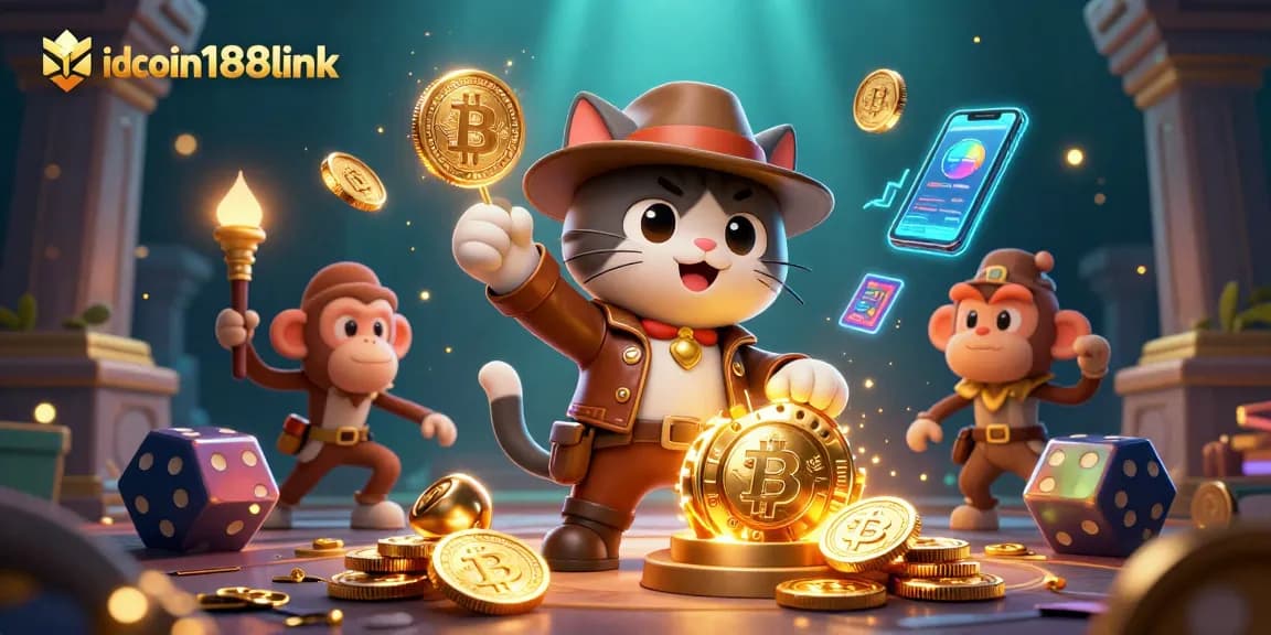 Engage with idcoin188link's thrilling casino adventure through a vibrant 3D scene full of treasures.