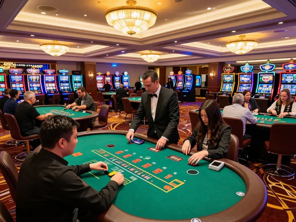 TR88 players engaging in strategic blackjack gameplay at an upscale casino.