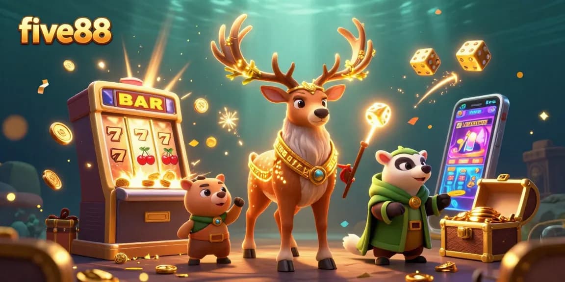 Experience the thrilling vibe of five88 with a colorful jackpot explosion amidst enchanting characters.