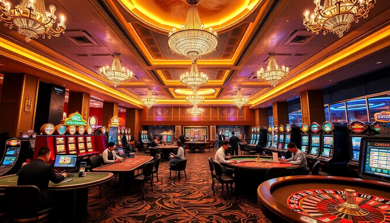 Engaged players at NK88 vip casino enjoying thrilling games in a luxurious atmosphere.