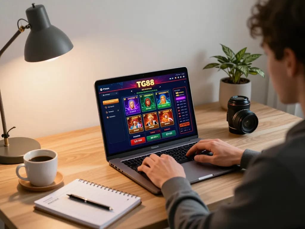 Experience the thrill of TG88 online gameplay at home, featuring a player focusing on an exciting casino interface.
