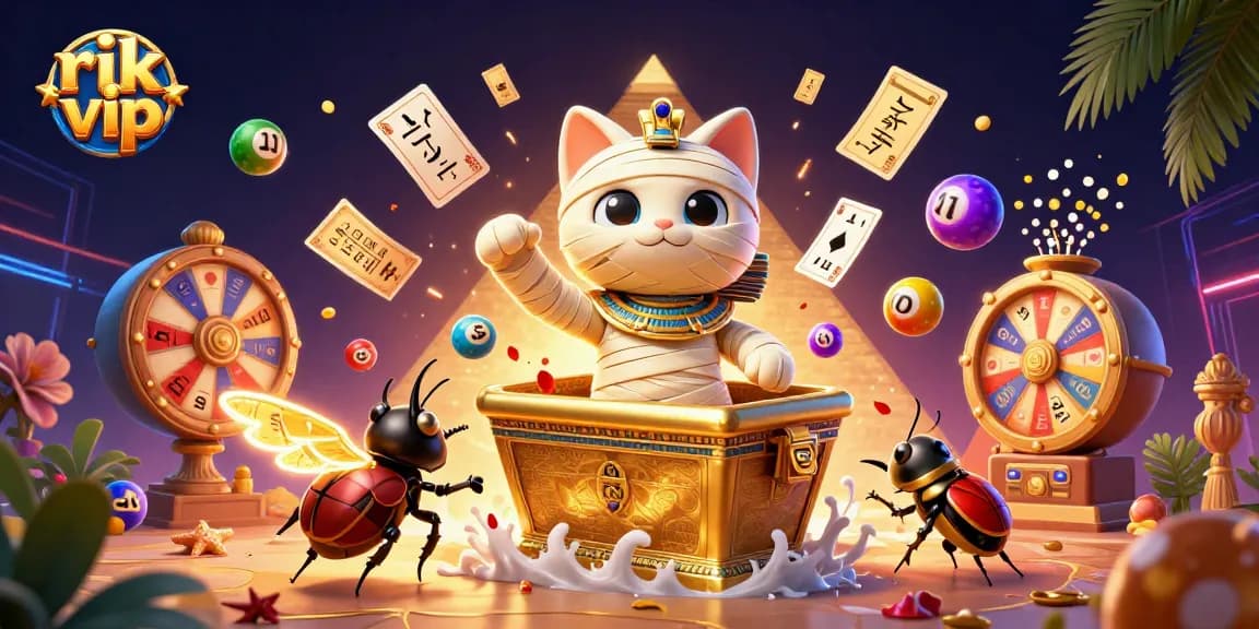 Play exciting games at rik vip with a mummy cat and a scarab beetle in a dazzling casino.