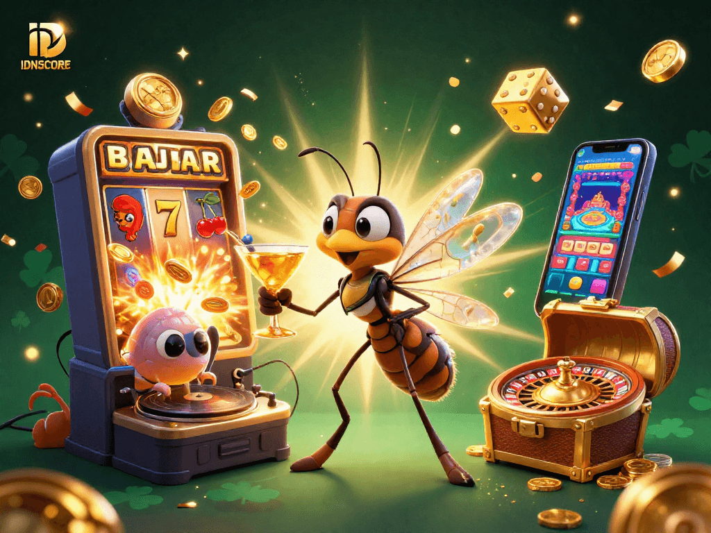 Experience IDNSCORE's thrilling slot rewards with vibrant 3D characters and dynamic casino elements.