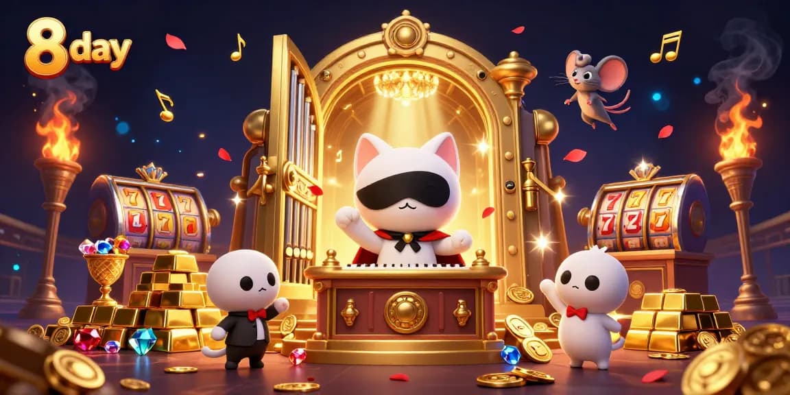 Experience 8 day wins with the phantom cat in a vibrant casino atmosphere full of treasures.