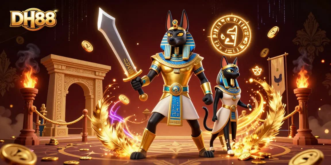Engage with DH88 in a vibrant casino scene featuring Anubis and Bastet amidst golden coins, capturing the thrill of betting.