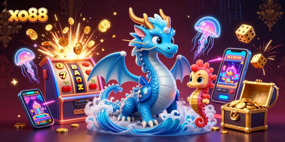 Experience the excitement of xo88 with a vibrant, colorful casino scene featuring dynamic slot machines and magical sea creatures.