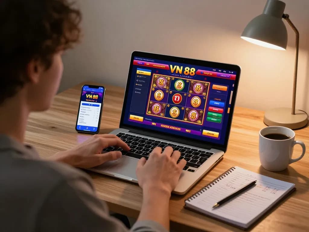 Experience VN 88 online gambling with a player using a laptop for games and strategies in a cozy home setting.