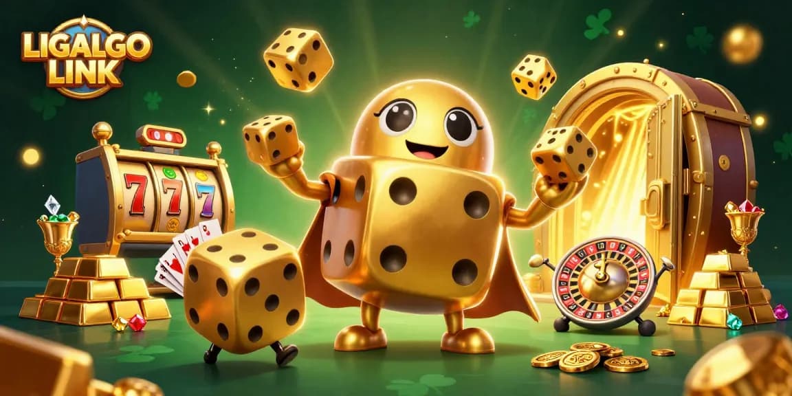 Engage with LIGALGO LINK through a vibrant illustration showcasing a lively casino scene filled with golden treasures and dynamic characters.