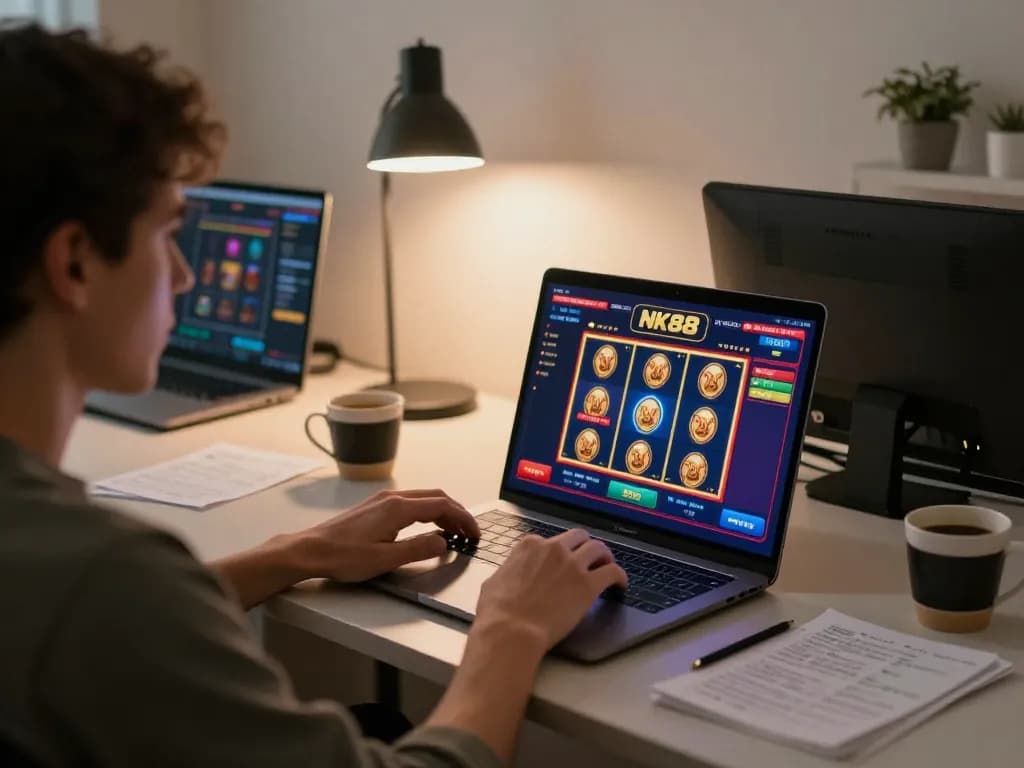 Play NK88 on a laptop with vibrant casino game screen and cozy home setup