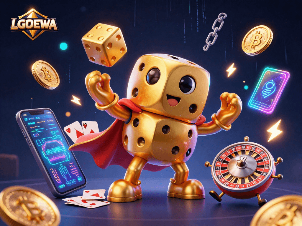Engage with the vibrant world of LGODEWA featuring a golden dice golem and crypto elements.