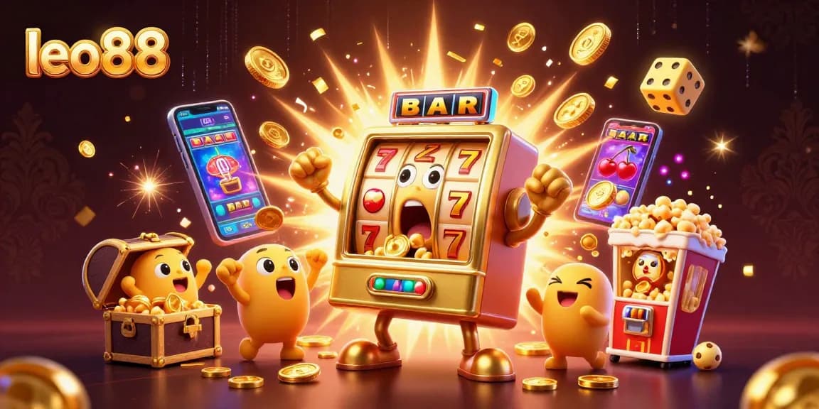 Experience the excitement of leo88 with a stunning 3D illustration showcasing a golden slot machine hitting the jackpot amidst flying coins and fun elements.