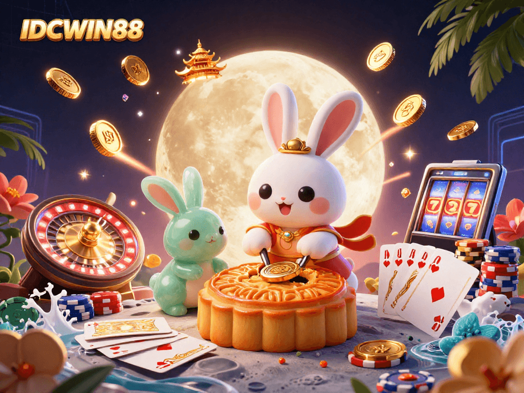 Play and win big with IDCWIN88, the premier online gaming platform featuring moon rabbits and vibrant casino symbols.
