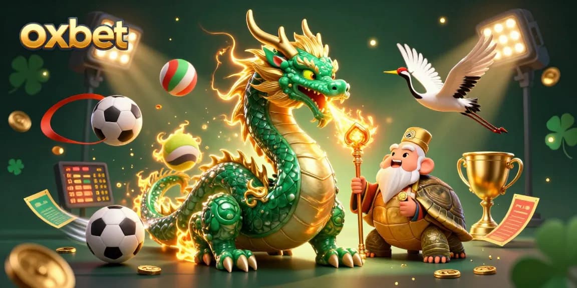 Engage with oxbet's vibrant casino scene depicting a jade dragon and lucky cranes amidst dynamic sports elements.