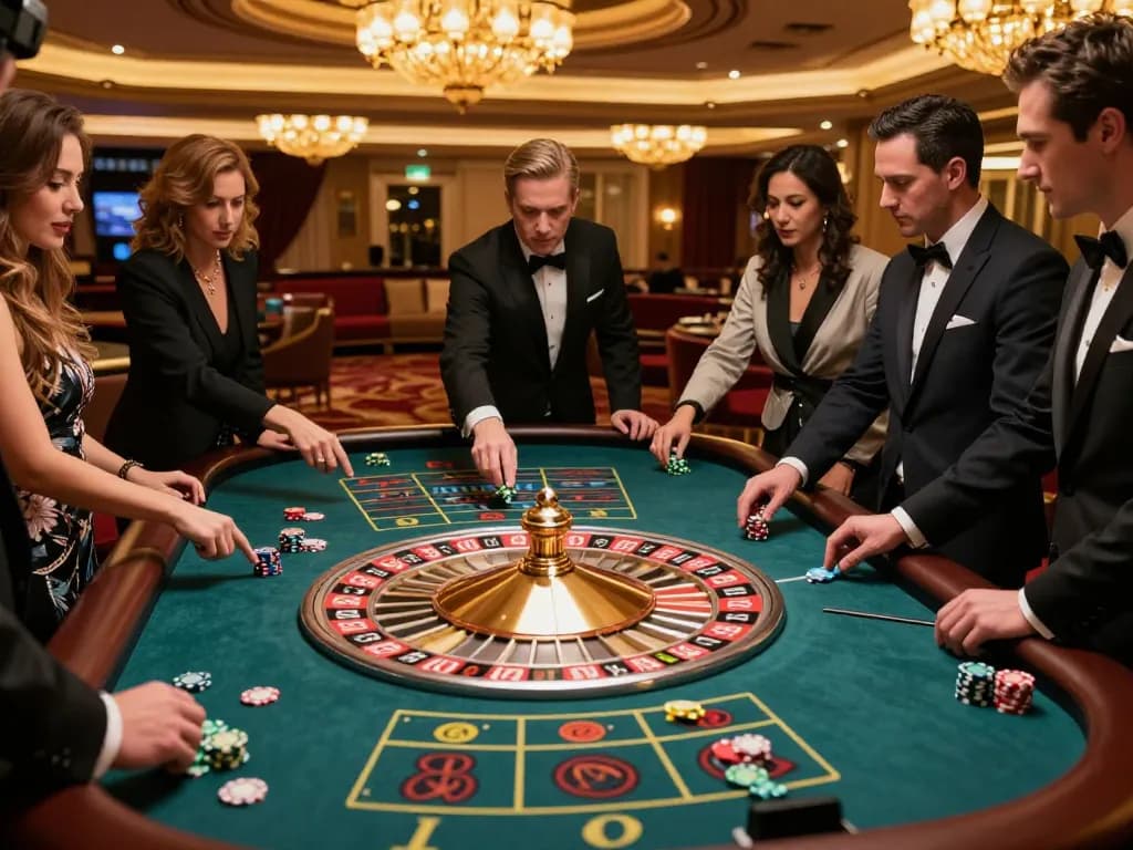 Players watching the roulette wheel spin at a vibrant casino, engaging in j88 excitement.