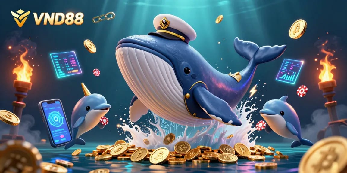 Engage with VND88, a vibrant 3D scene showcasing a whimsical whale and narwhal amidst shining crypto coins.