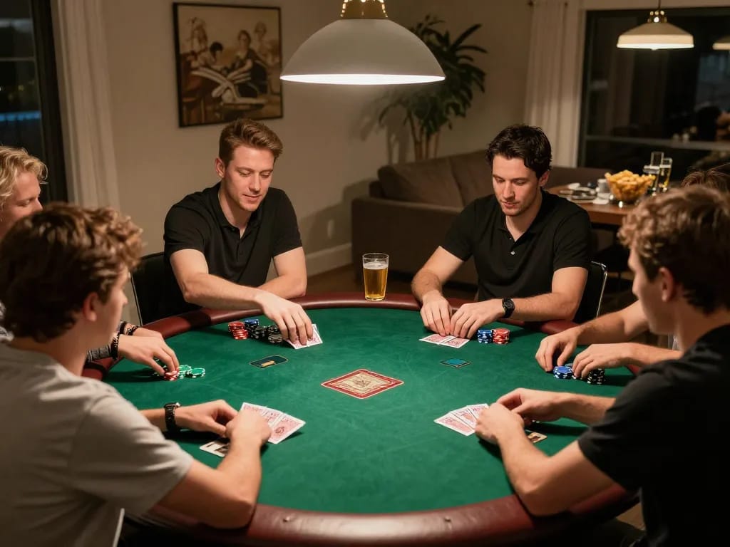 Amici che si divertono a una serata di poker a casa, mostrando l'esperienza dei siti scommesse non AAMS.