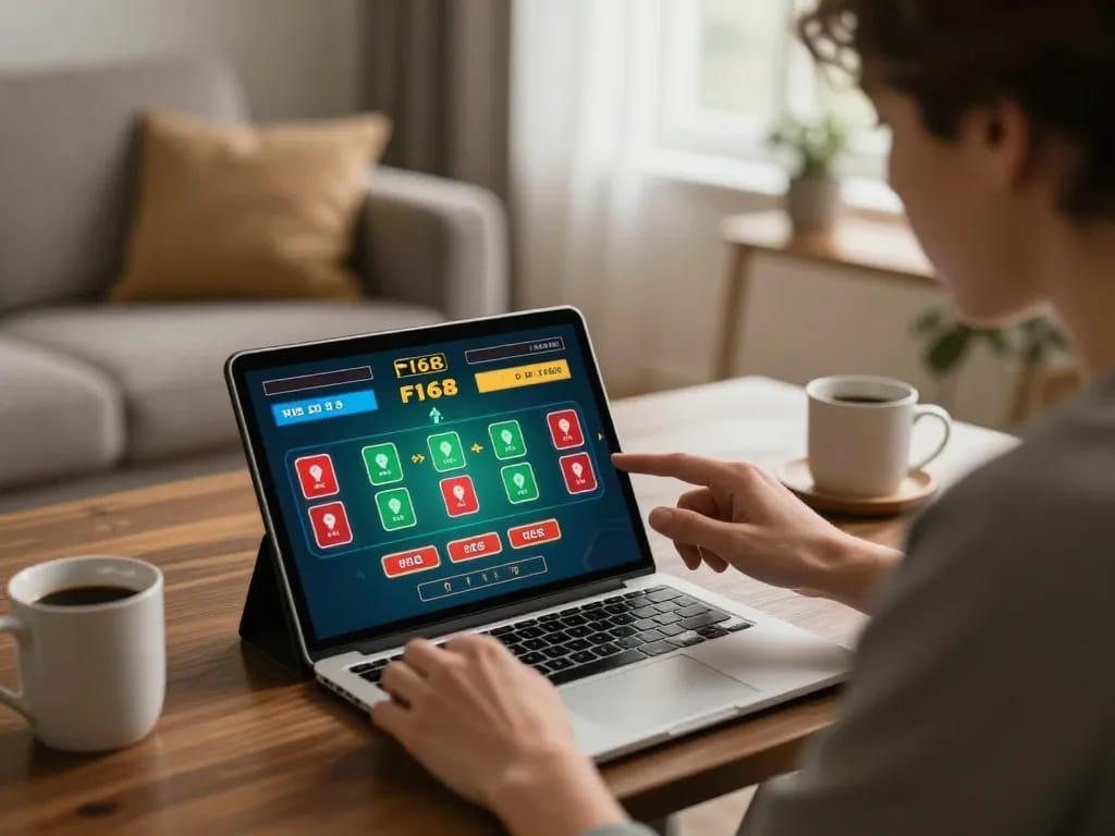 Player engaging with F168 online casino interface on tablet, focused on strategic gameplay at home.