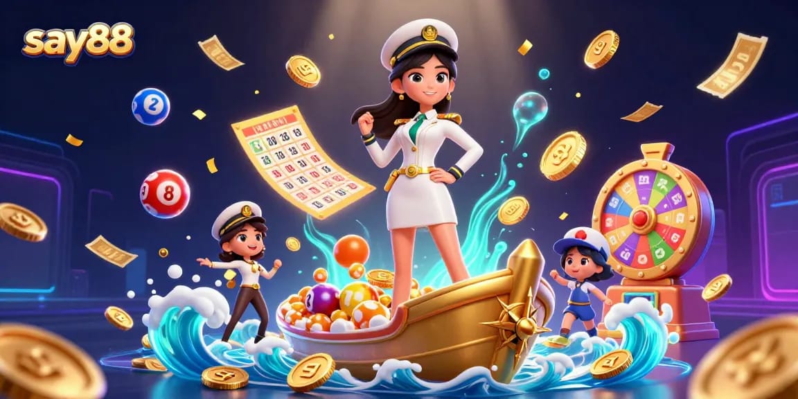 Experience thrilling gameplay with say88's dynamic lottery and casino elements in an engaging 3D illustration.