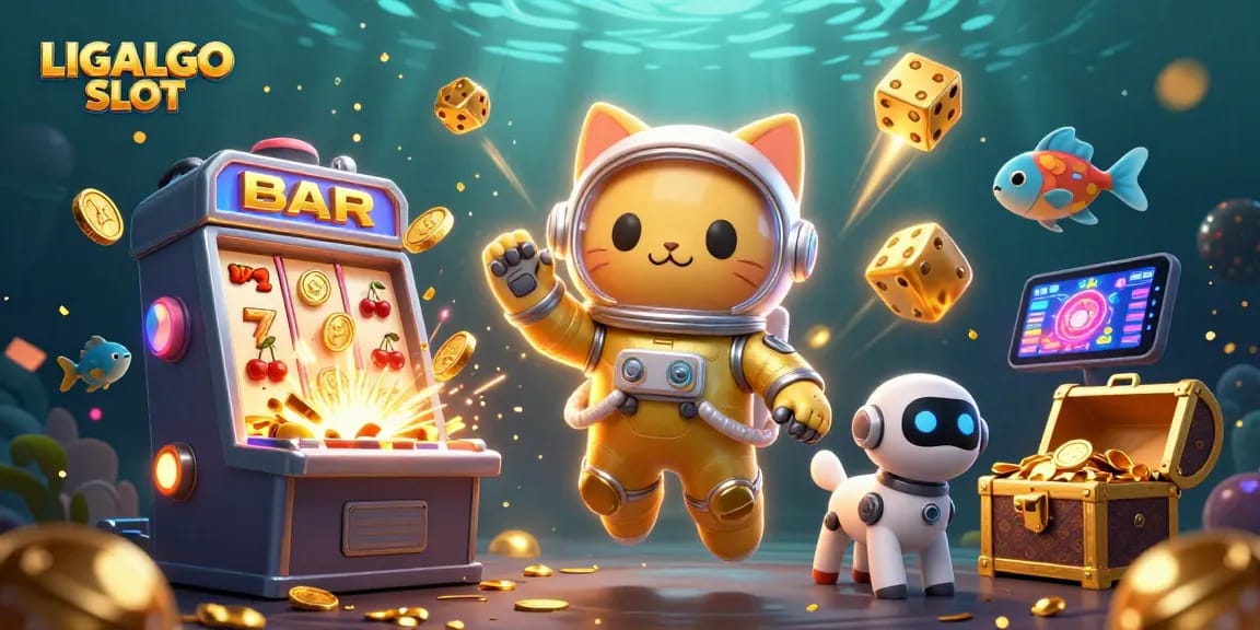Experience the excitement of LIGALGO SLOT with a vibrant illustration showcasing space-themed casino elements.