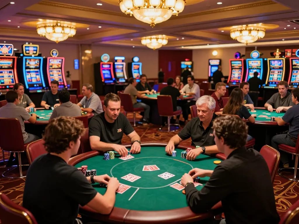 Siti scommesse non AAMS con giocatori vivaci impegnati in un emozionante gioco di poker a un tavolo da casinò.