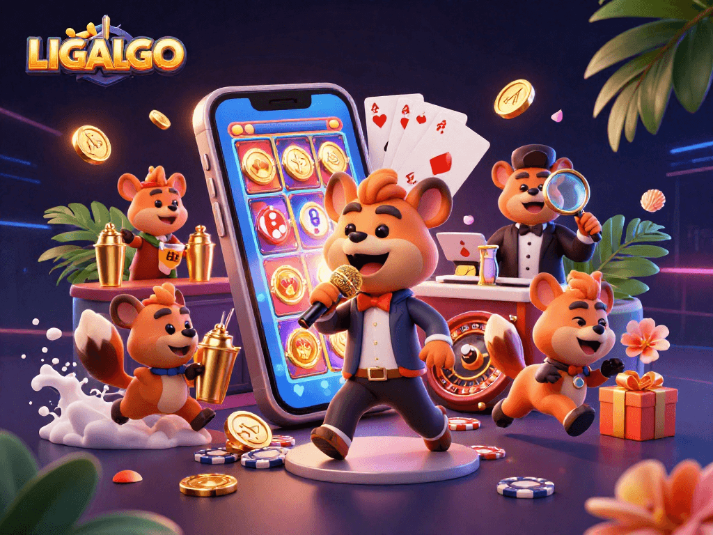 LIGALGO hyenas run a vibrant casino club with cocktails and comedy, highlighted by a gaming smartphone.