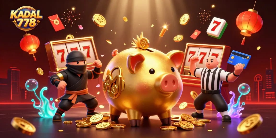 Engage with KADAL 778 as the golden piggy bank sumo wrestler shakes golden coins while the ninja and samurai add excitement.