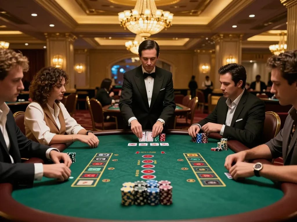 77WIN blackjack excitement featuring focused players and strategic betting at an elegant casino table.