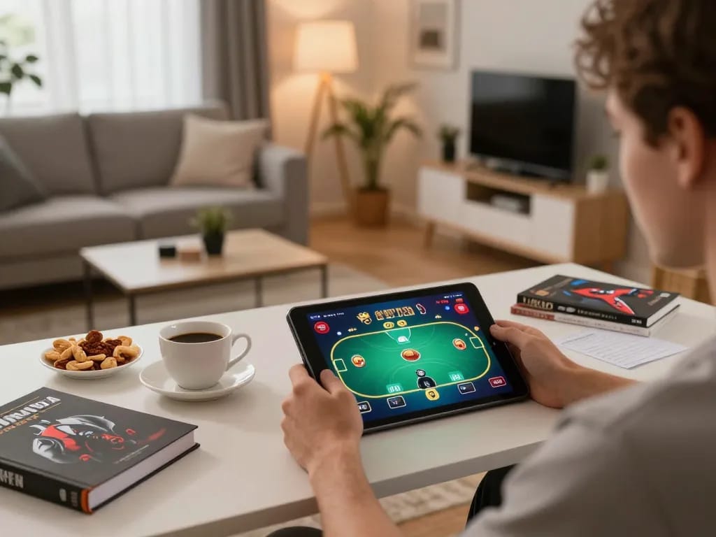 Nohu90 player engaging in online poker from home, showcasing strategy notes and vibrant gameplay.