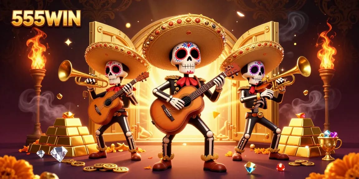 Experience thrilling gaming adventures with 555WIN's vibrant 3D illustration of a mariachi band surrounded by gold treasures.