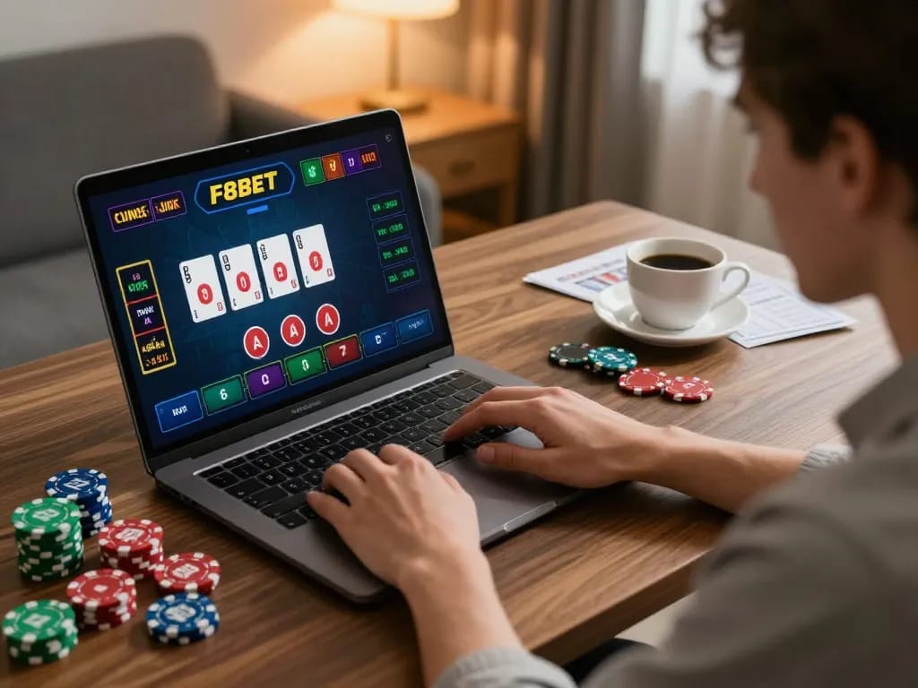 Engaging live dealer game on F8bet played at home, showcasing strategy and excitement in a modern setup.