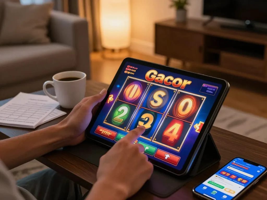 Engaging in slot gacor on a tablet during a cozy home gaming session