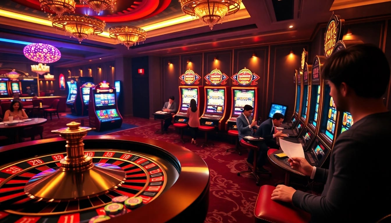 Players enjoying exciting gameplay at https://tg88.nl/ with vibrant slot machines and luxury casino decor.
