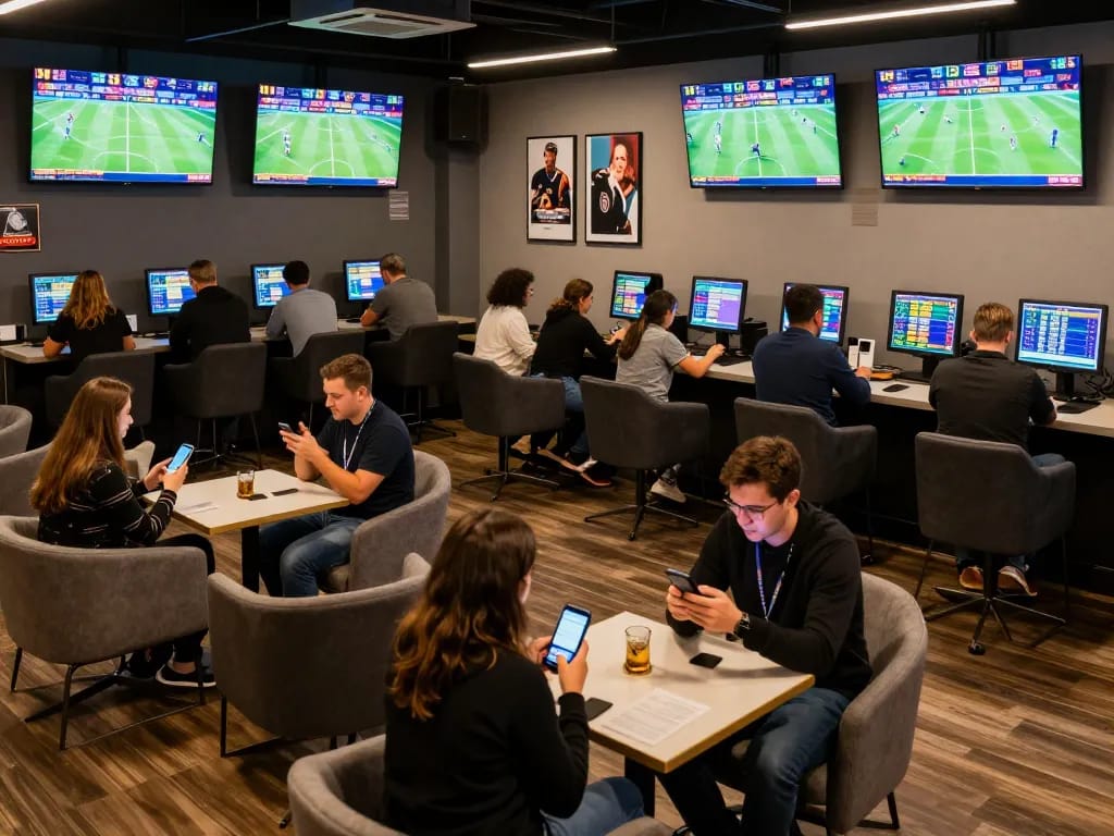 Kèo nhà cái in action as sports enthusiasts check odds and place bets in a lively betting lounge.