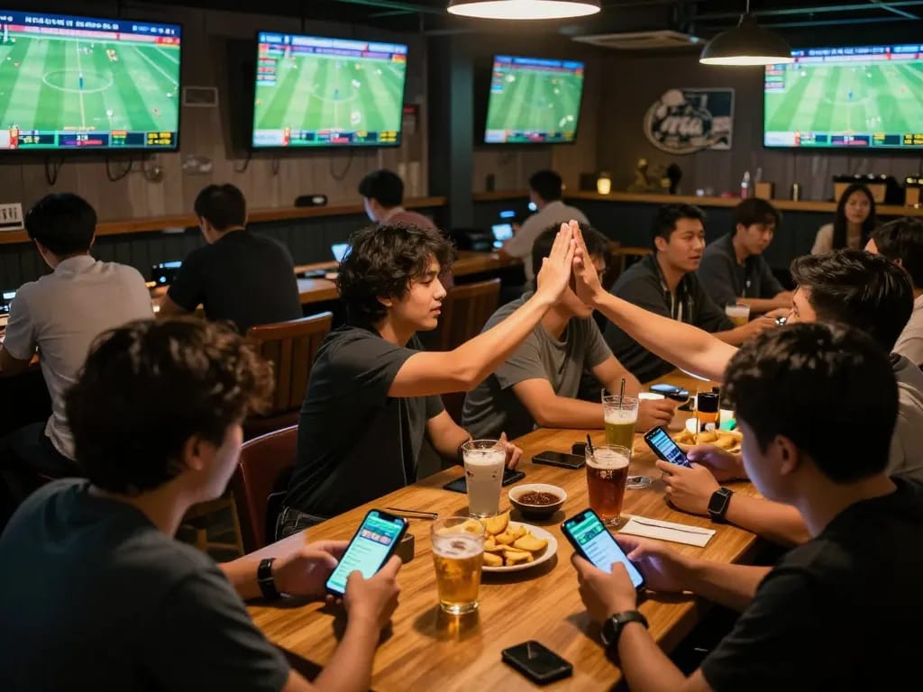 Kèo nhà cái dynamic sports betting environment with enthusiastic bettors using apps and celebrating wins.