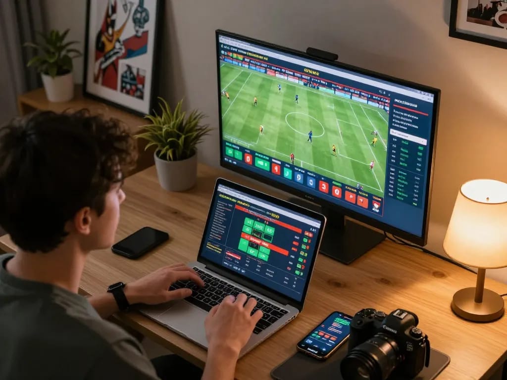Xoilac user actively placing bets during live sports events on multipurpose screens, illustrating modern betting engagement.