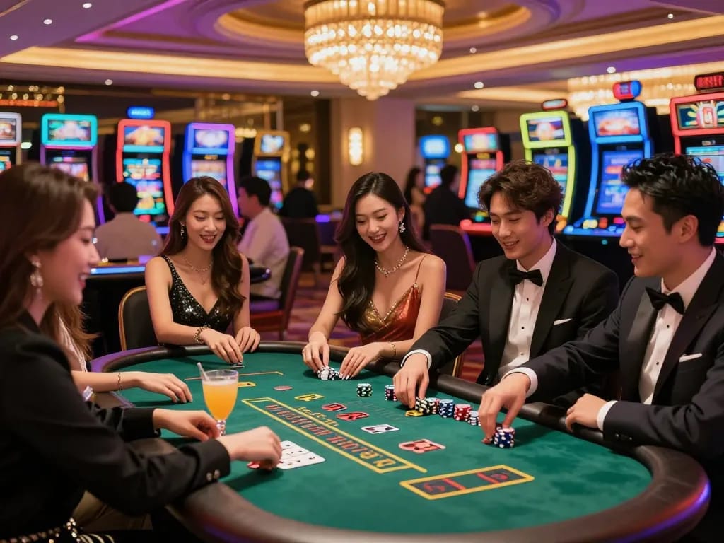 Group enjoying casino games in vibrant Hong Kong during an exciting night out, showcasing the lively casino atmosphere.