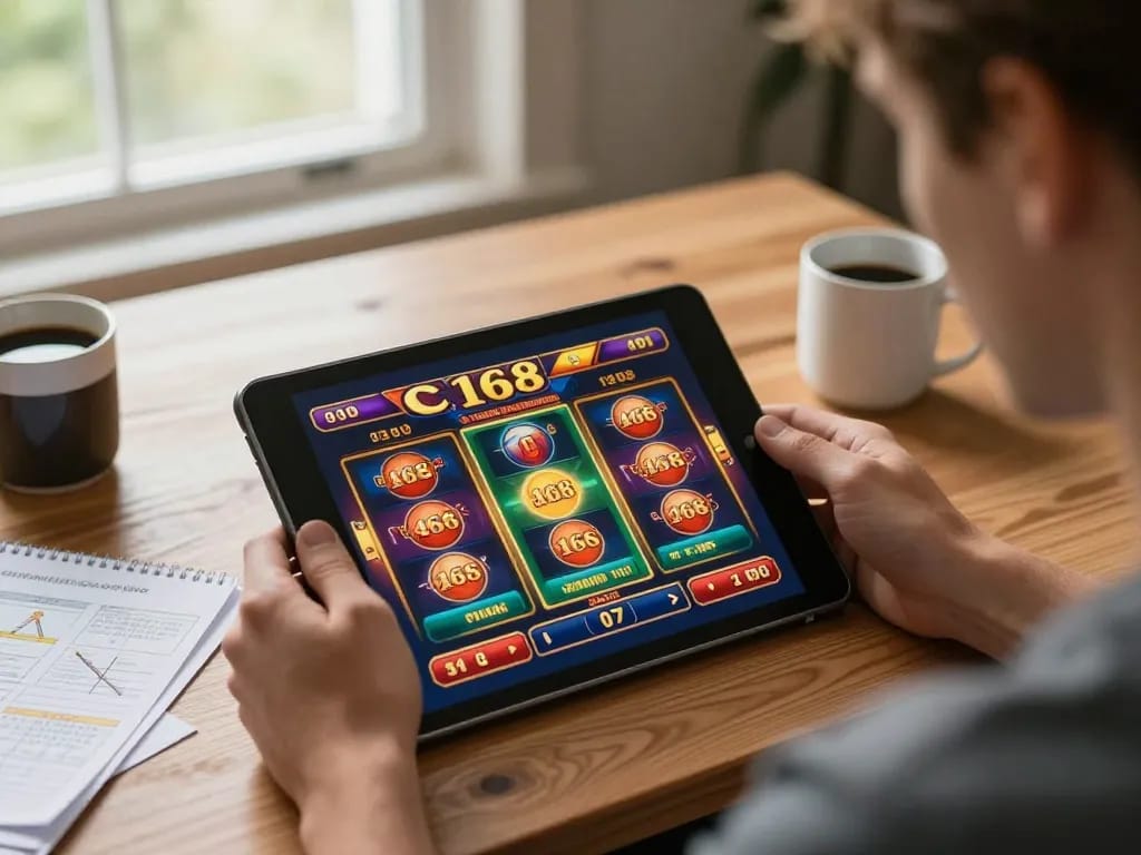 C168 online gaming session with a player enjoying colorful slot games on a tablet in a cozy environment.