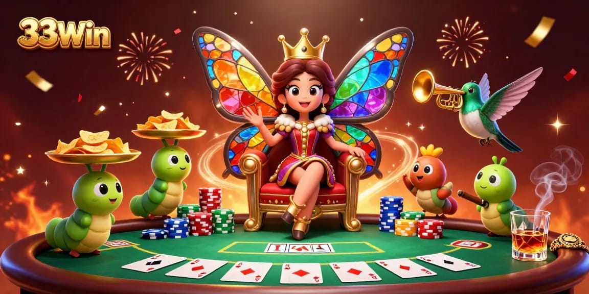 Engage in thrilling poker action with 33Win's colorful casino atmosphere featuring vibrant characters.