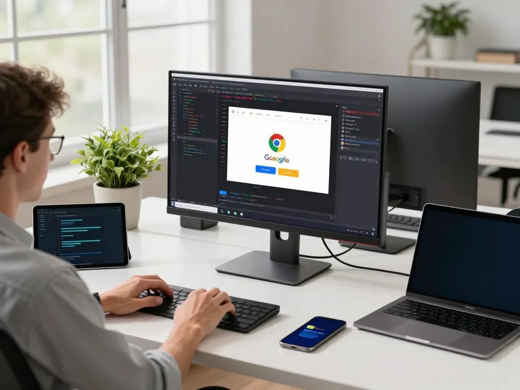 Experience the versatility of 谷歌浏览器 showcased in a modern tech workspace with high-performance devices.