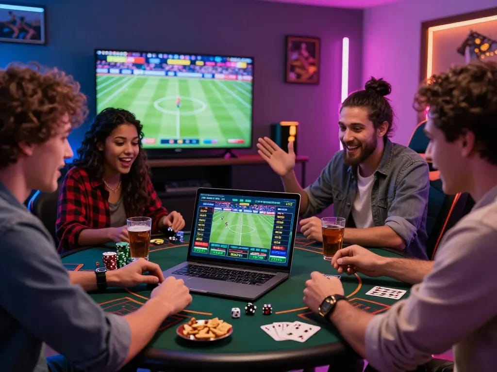 Excited friends engaging in online betting on NK88 platform, showcasing vibrant casino atmosphere.