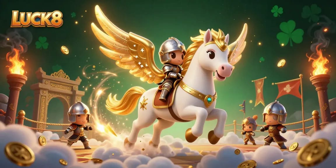 Experience thrilling gaming excitement at LUCK8 with a celestial horse and knight in a vibrant casino scene.
