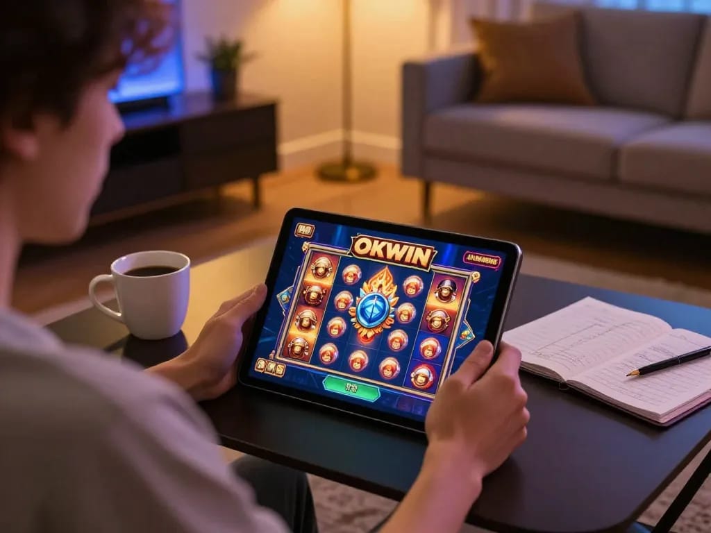 Player enjoying an engaging gaming experience with liên minh okwin on a tablet in a cozy home setting.