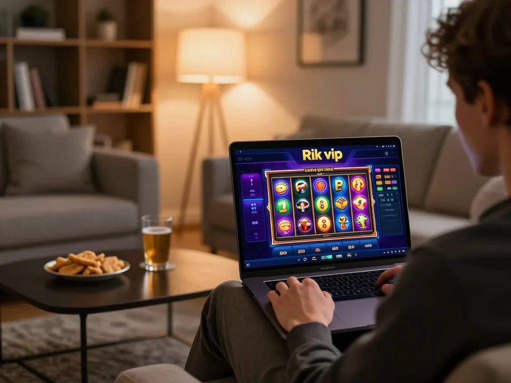 Engaging with rik vip online slots, a player enjoys a cozy gaming experience in a stylish home.