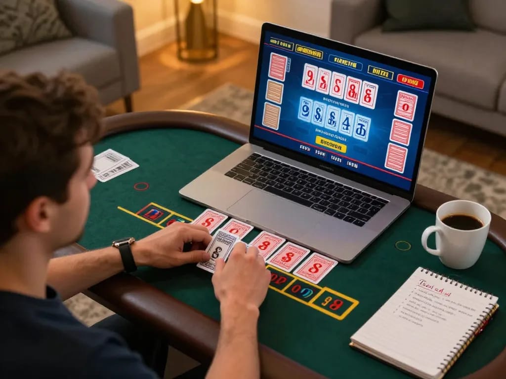 Engage in exciting online baccarat at gk88 uk net with a cozy gaming setup and strategic notes.