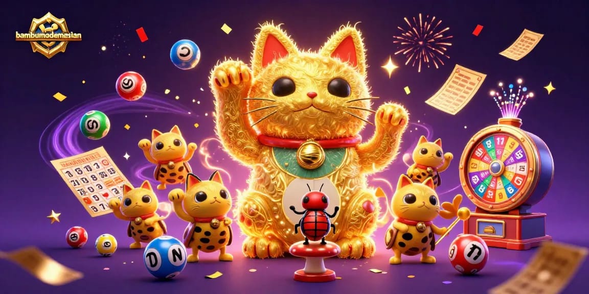 bambumodernasian showcases vibrant lottery action with a lucky cat, colored balls, and sparkling confetti.