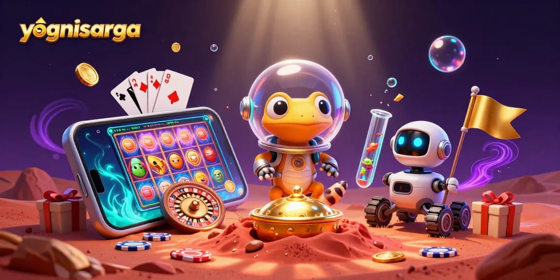 yognisarga casino scene with Martian gecko, winning slot games, and vibrant energy effects