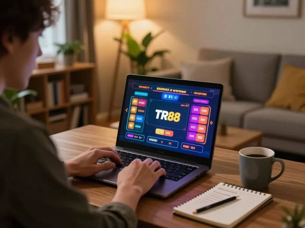 Player engaging with TR88 on laptop, showcasing a colorful casino game interface in a cozy home setting