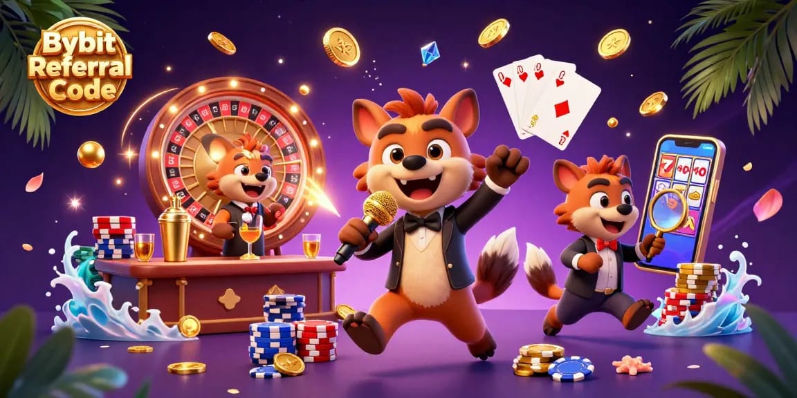 Engage with the Bybit Referral Code and unlock vibrant casino rewards in this lively hyena-themed illustration.