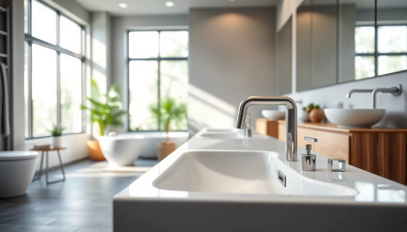Gestalte sonni sanitär mit eleganten Armaturen in einem modernen Badezimmer.