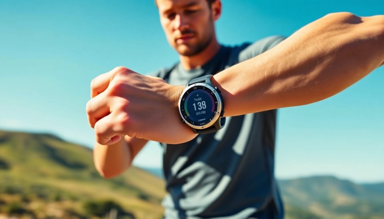 Showcasing Garmin smartwatch features while an athlete exercises outdoors.